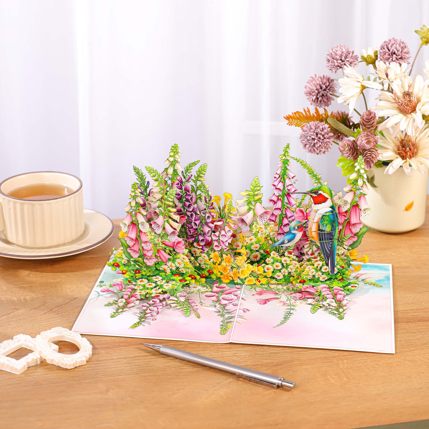 Flowers Garden & Hummingbirds Pop Up Card