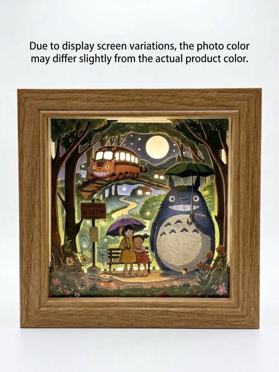 3D Paper Cut Light Box Forest Spirit at Bus Stop, Anime Cat Bus Shadow Box，Rechargeable ，Cordles