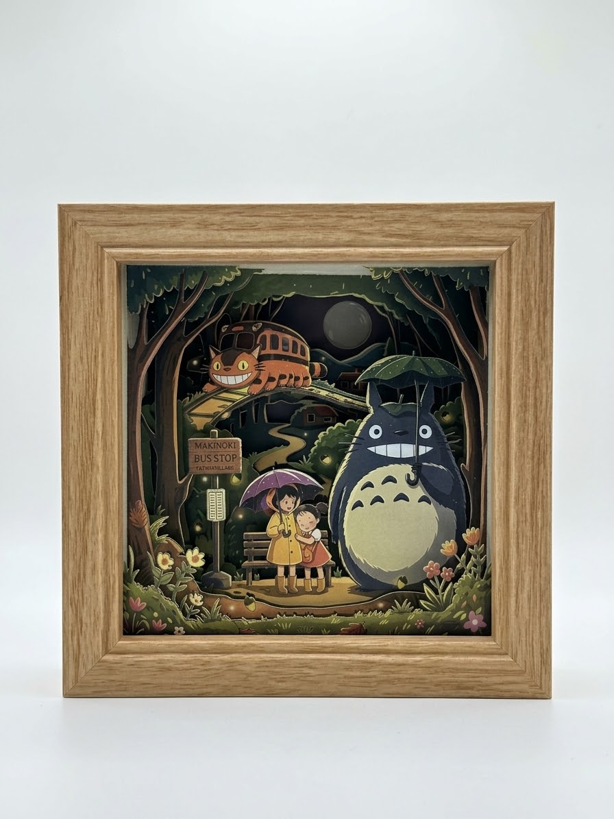 3D Paper Cut Light Box Forest Spirit at Bus Stop, Anime Cat Bus Shadow Box，Rechargeable ，Cordles