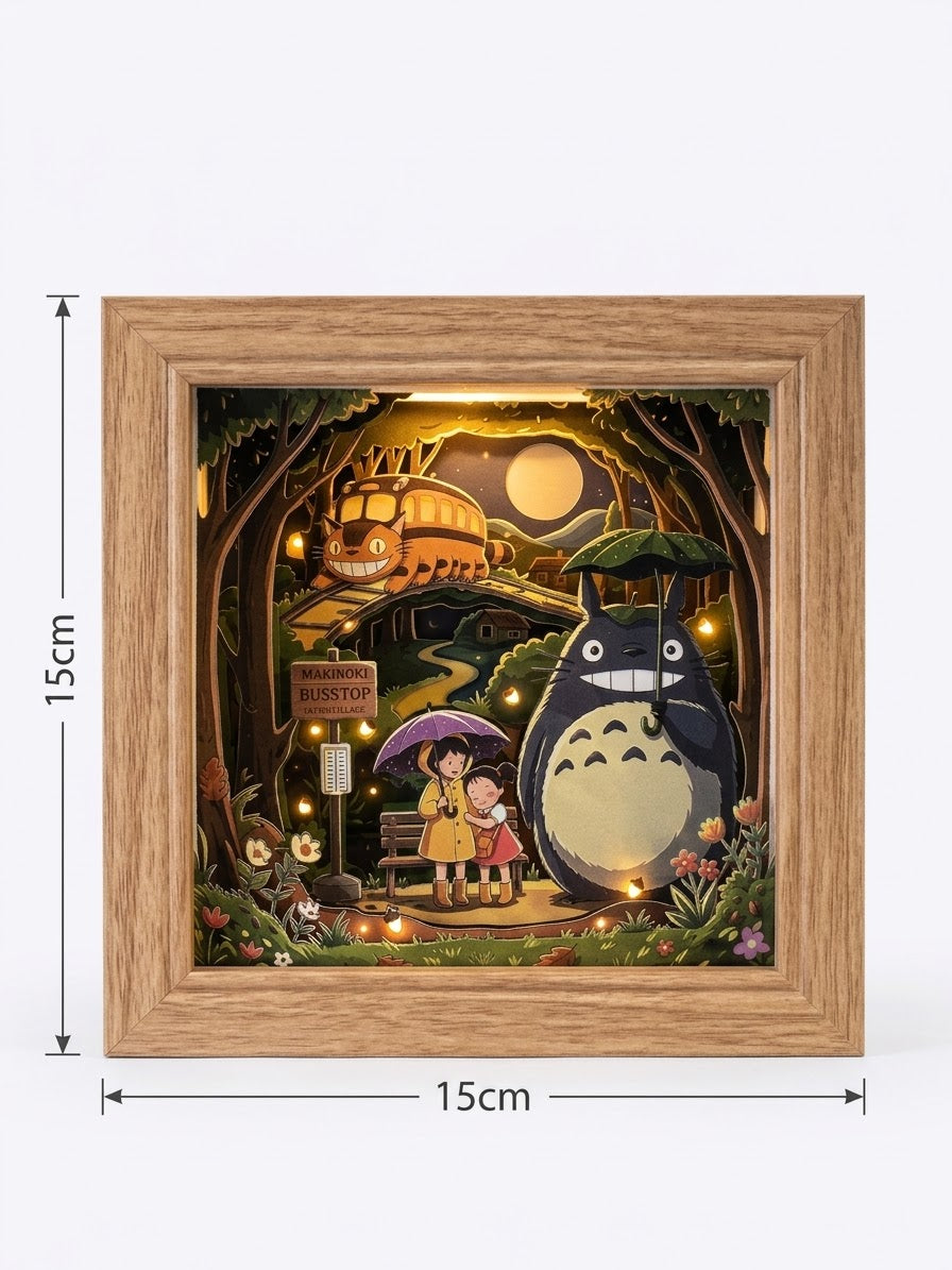 3D Paper Cut Light Box Forest Spirit at Bus Stop, Anime Cat Bus Shadow Box，Rechargeable ，Cordles