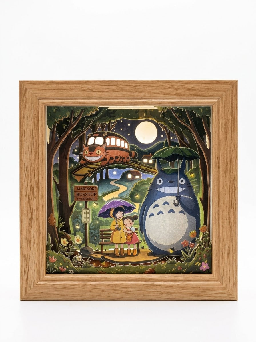 3D Paper Cut Light Box Forest Spirit at Bus Stop, Anime Cat Bus Shadow Box，Rechargeable ，Cordles
