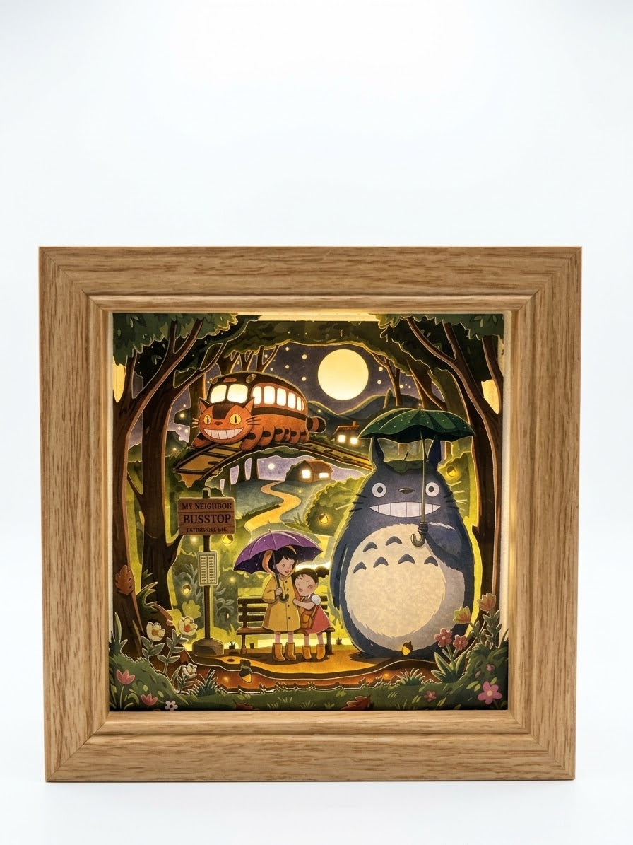 3D Paper Cut Light Box Forest Spirit at Bus Stop, Anime Cat Bus Shadow Box，Rechargeable ，Cordles