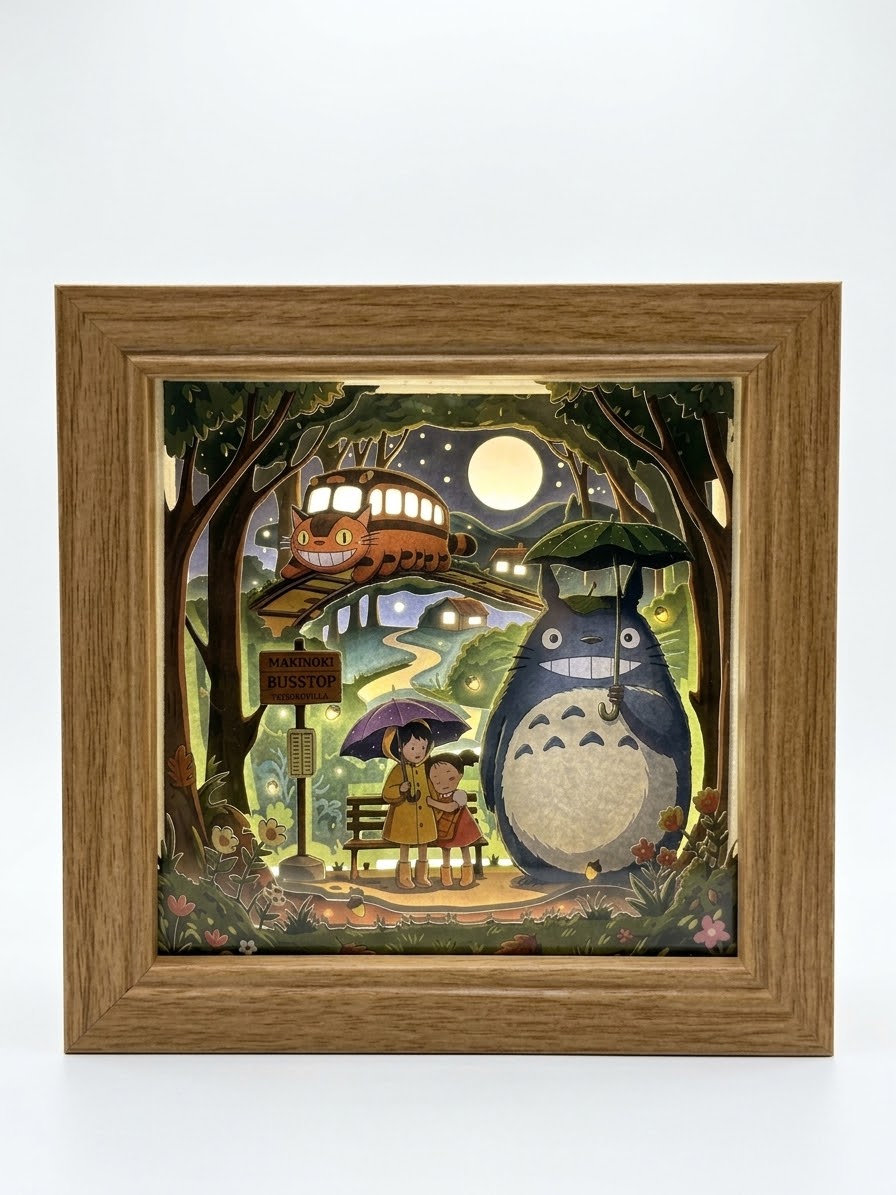 3D Paper Cut Light Box Forest Spirit at Bus Stop, Anime Cat Bus Shadow Box，Rechargeable ，Cordles