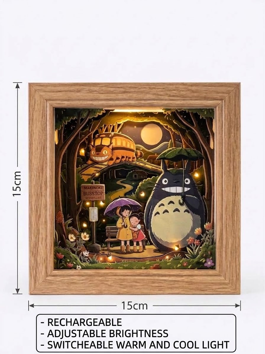 3D Paper Cut Light Box Forest Spirit at Bus Stop, Anime Cat Bus Shadow Box，Rechargeable ，Cordles