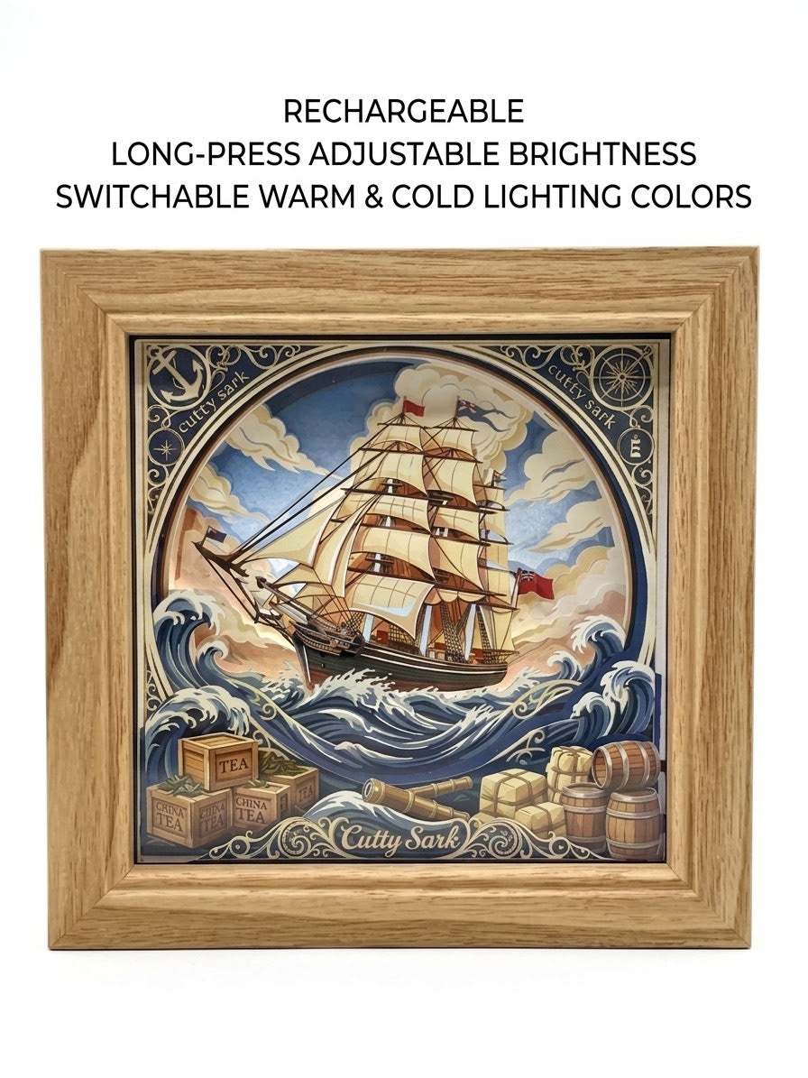3D Paper Cut Light Box Cutty Sark Clipper Ship，Rechargeable ，Cordless