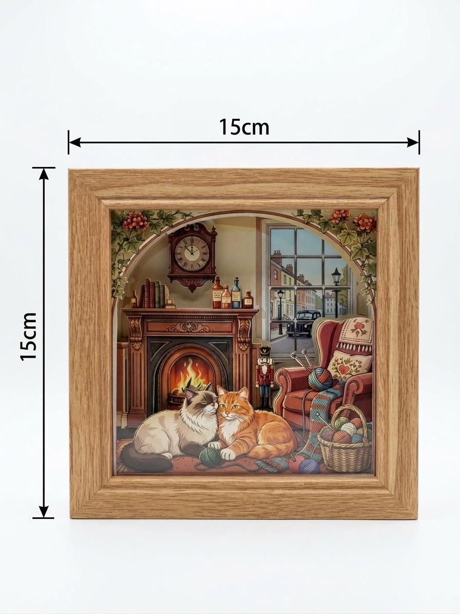 3D Paper Cut Light Box Cozy Cats by Fireplace，Rechargeable ，Cordless