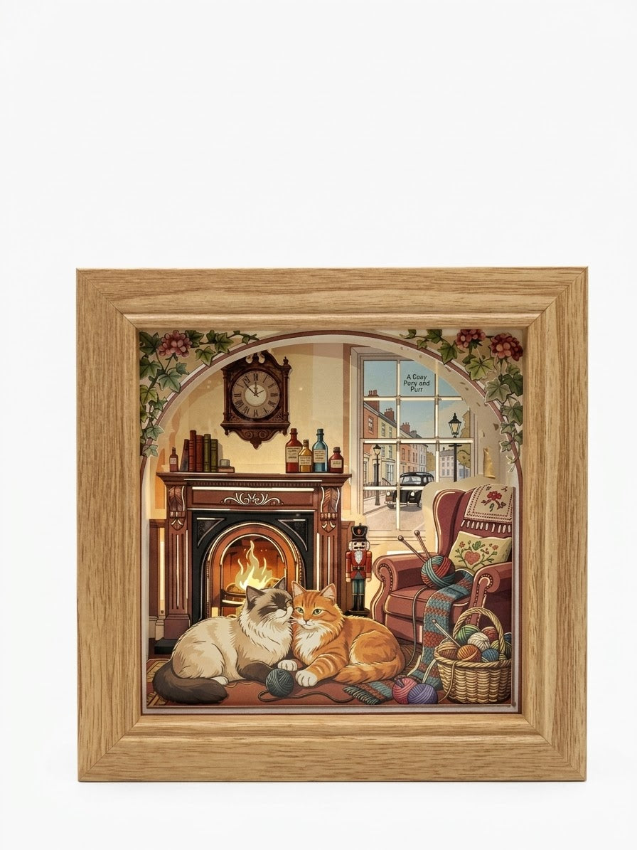 3D Paper Cut Light Box Cozy Cats by Fireplace，Rechargeable ，Cordless