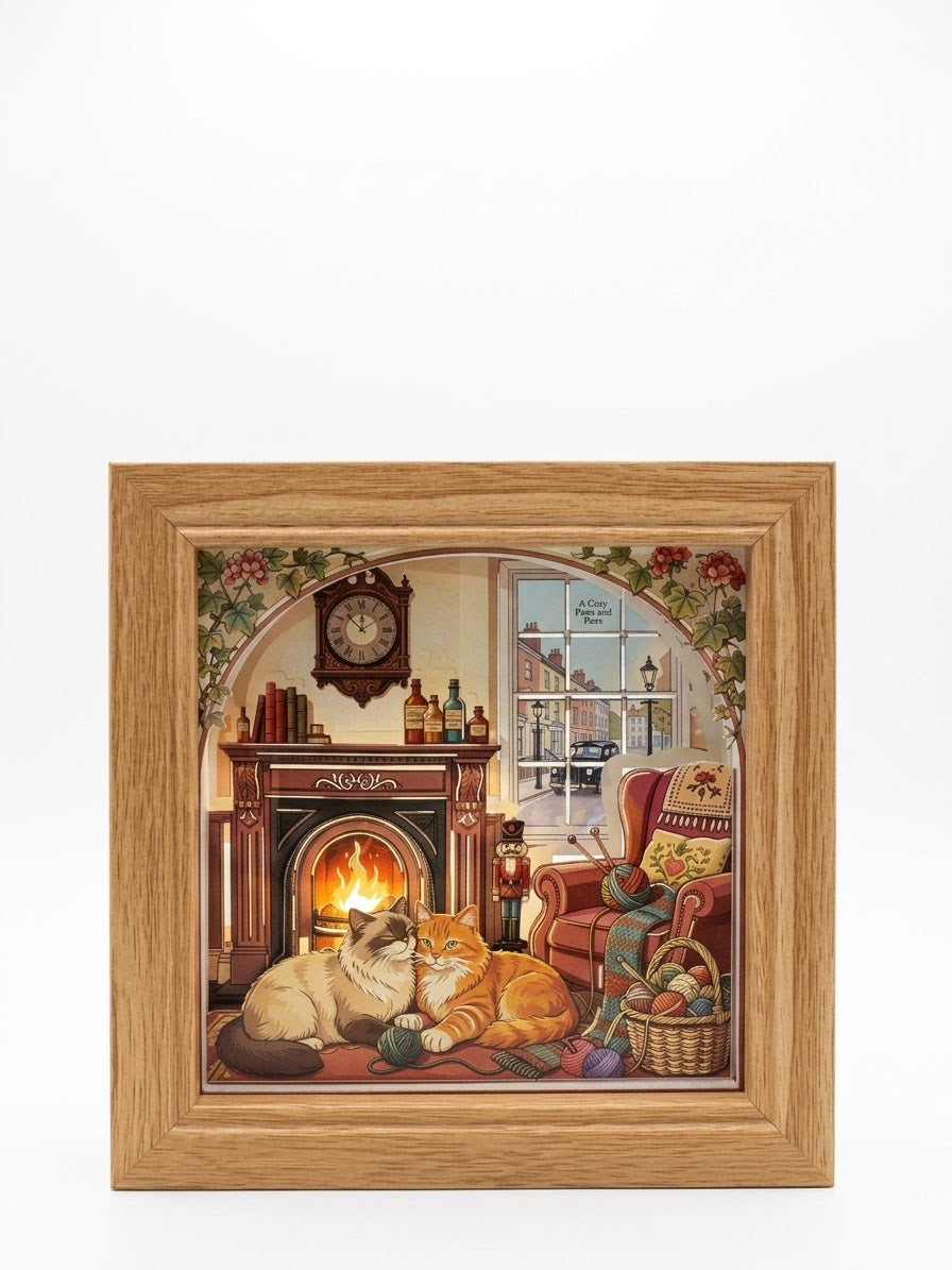 3D Paper Cut Light Box Cozy Cats by Fireplace，Rechargeable ，Cordless