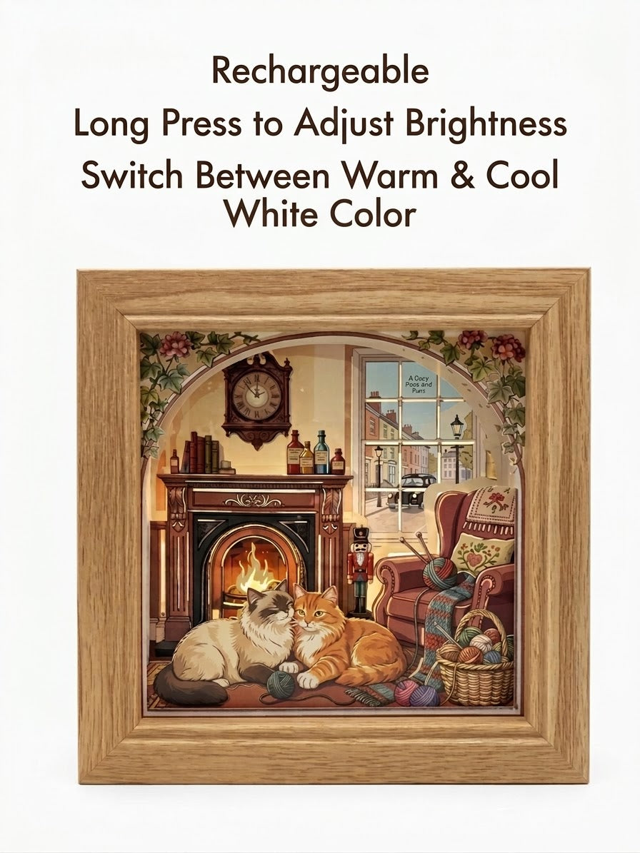 3D Paper Cut Light Box Cozy Cats by Fireplace，Rechargeable ，Cordless