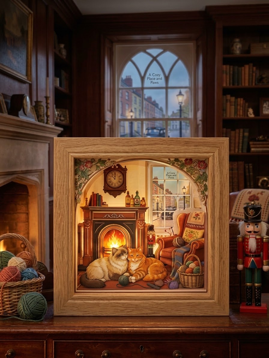 3D Paper Cut Light Box Cozy Cats by Fireplace，Rechargeable ，Cordless