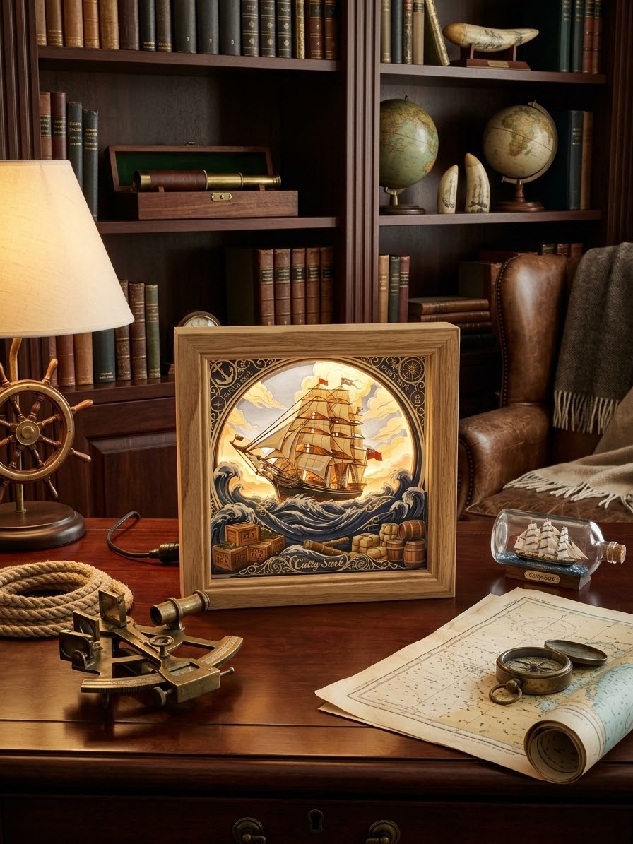 3D Paper Cut Light Box Cutty Sark Clipper Ship，Rechargeable ，Cordless