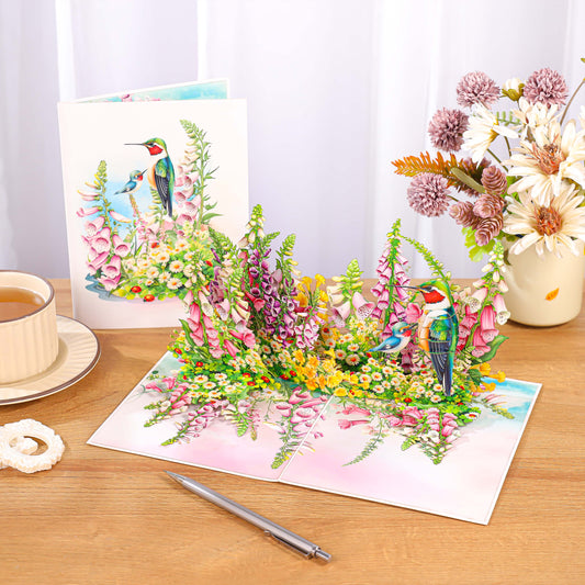 Flowers Garden & Hummingbirds Pop Up Card
