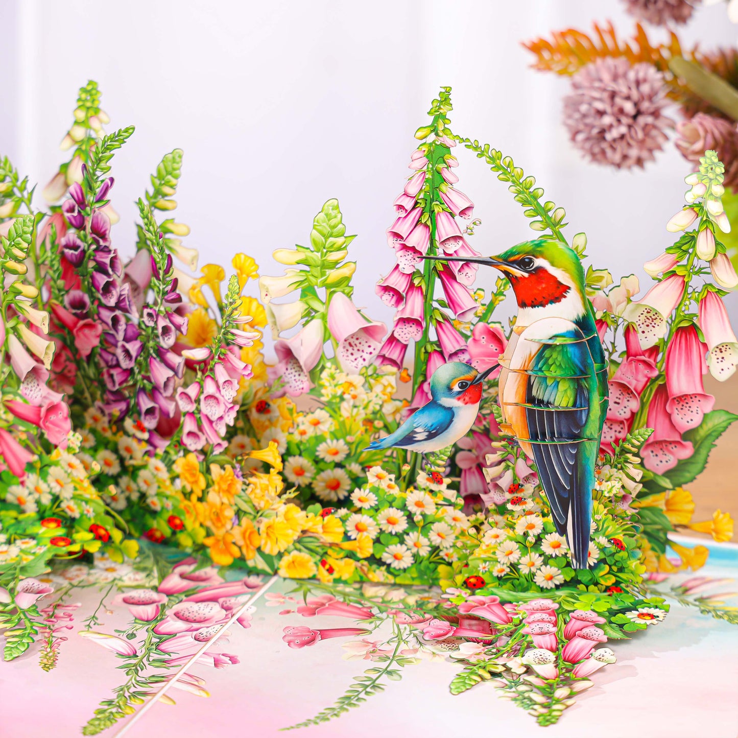 Flowers Garden & Hummingbirds Pop Up Card