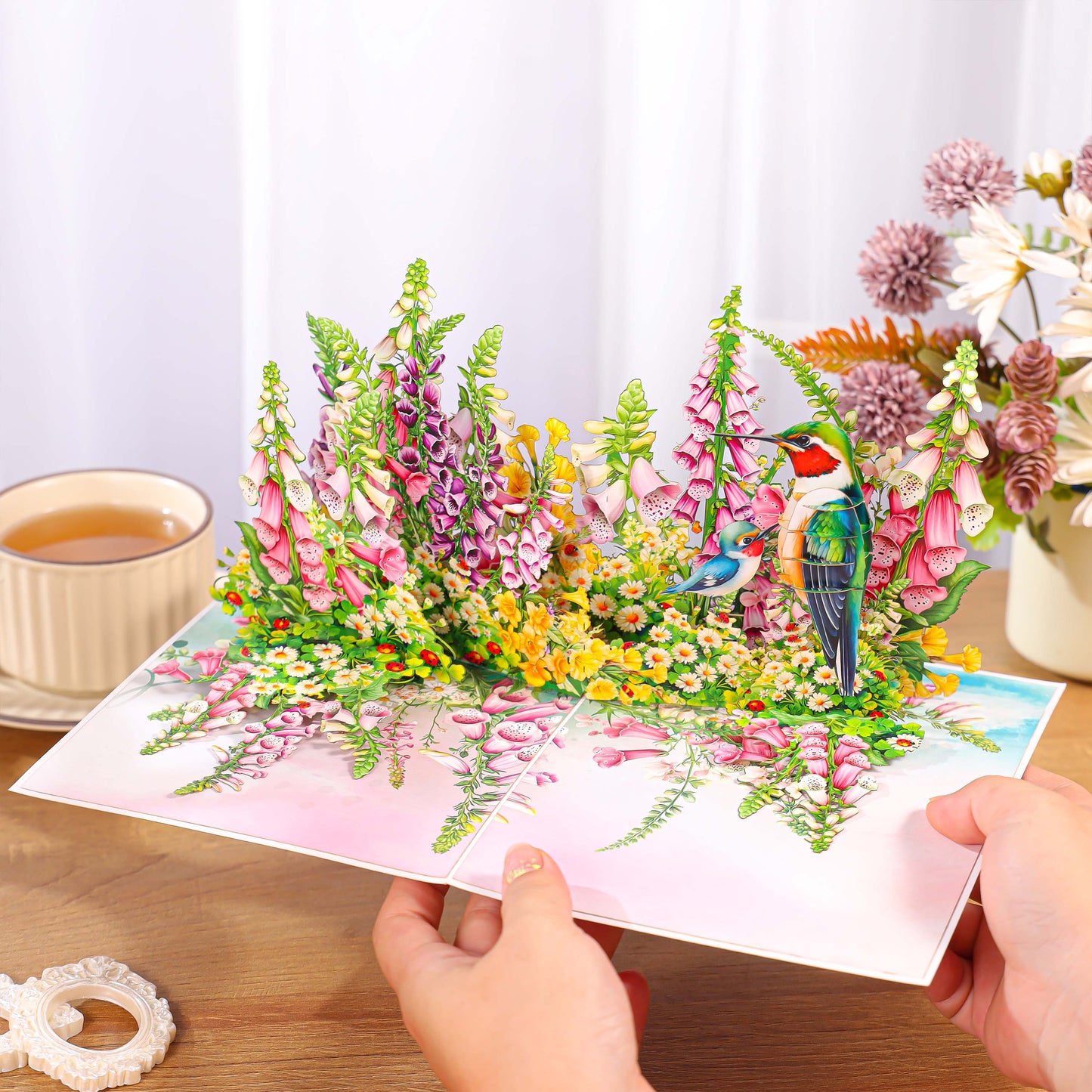 Flowers Garden & Hummingbirds Pop Up Card