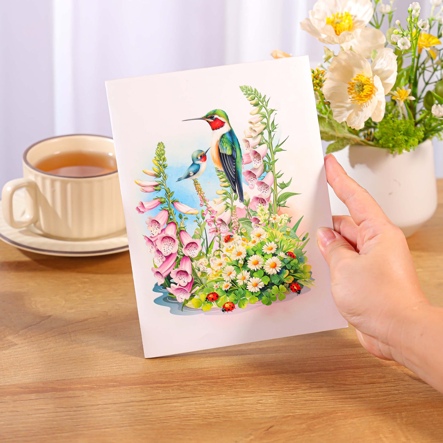 Flowers Garden & Hummingbirds Pop Up Card