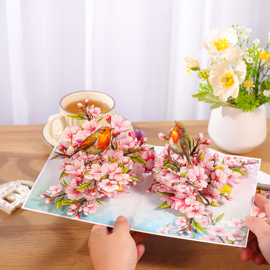Cherry Blossom & Robin Birds Pop Up Card