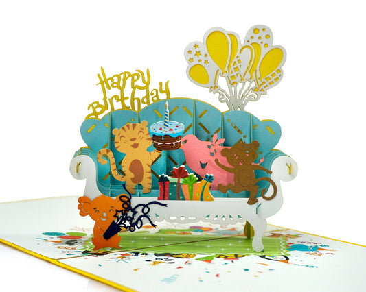 Animal & sofa Happy Birthday  Pop Up Cards